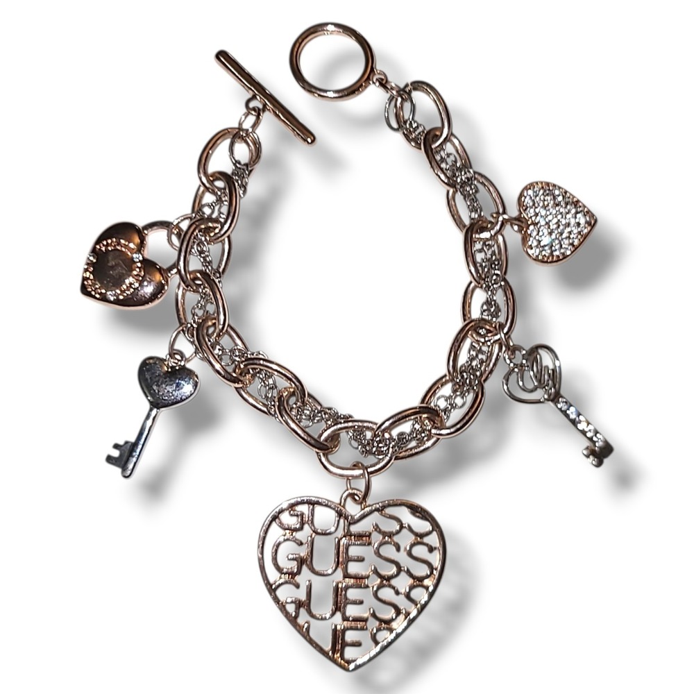 Guess Charm Bracelet Rose Gold Tone Y2K Heart Key Logo Toggle Chain Dangle